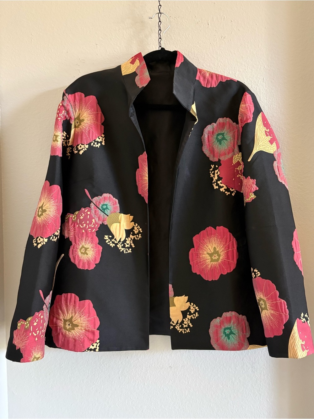 Grace Chuang NY Reversible Floral Jacket Coat Black or Pink Poppy Satin Size XL